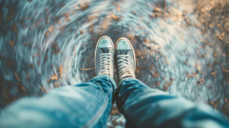 A person standing in a circle of water with their feet, AIの素材