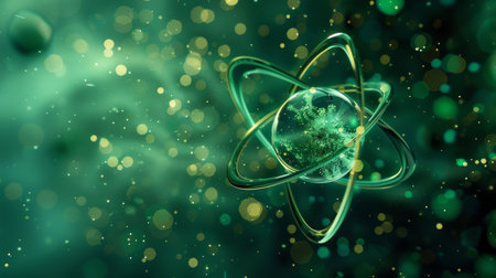 A green and gold atomic symbol with a planet in the middle, AIの素材