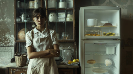 A woman standing in a kitchen with an open refrigerator, AIの素材