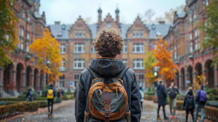 A person with a backpack walking down the street in front of buildings, AIの素材