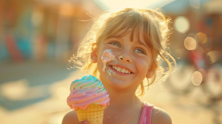A little girl with a smile holding an ice cream cone, AIの素材