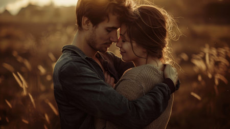 A man and woman embracing in a field of tall grass, AIの素材