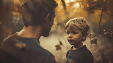 A man and boy standing in a field with trees around them, AIの素材