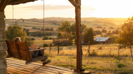 A man sitting on a swing reading in the sun, AIの素材