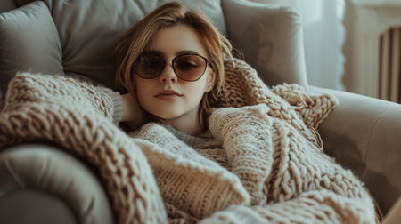 A woman in a sweater and sunglasses laying on the couch, AIの素材
