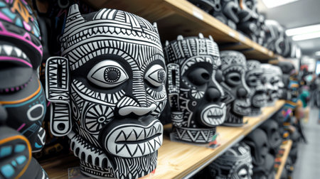 A row of black and white masks on a shelf in an art gallery, AIの素材