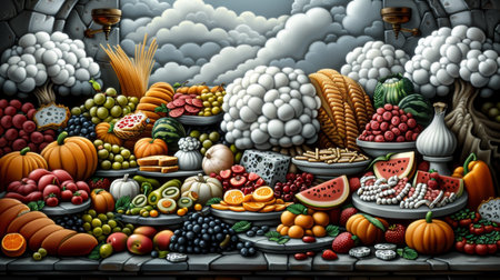 A painting of a large assortment of fruits and vegetables on display, AIの素材