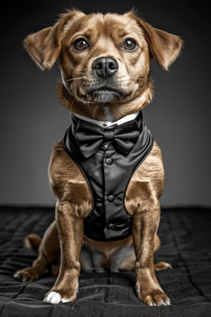 A small brown dog wearing a black bow tie and vest, AIの素材