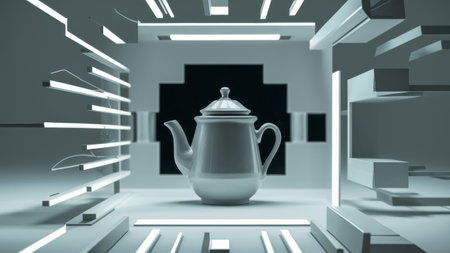 A white teapot sitting in a room with geometric shapes, AIの素材