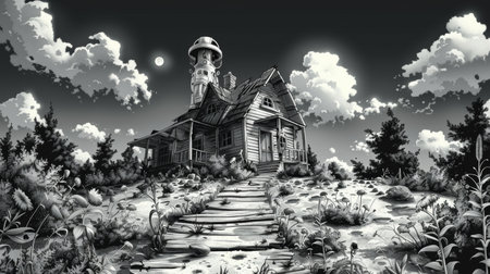 A black and white drawing of a lighthouse on top of some stairs, AIの素材