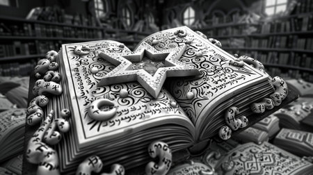 A black and white photo of a book with an open six angled star, AIの素材