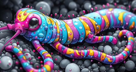 A colorful fictional worm or caterpillar with a rainbow stripe on its back, AIの素材