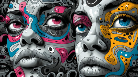 A close up of a painting with two faces painted on it, AIの素材