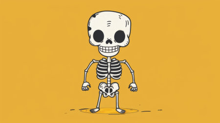 A cartoon skeleton with a yellow background and standing on one leg, AIの素材