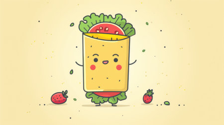 A cartoon burrito with strawberries and a smiley face, AIの素材