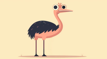 A cartoon ostrich with big eyes standing on a beige background, AIの素材