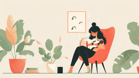 A woman sitting in a chair playing the guitar, AIの素材
