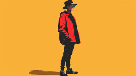 A man in a red jacket and hat standing against yellow background, AIの素材