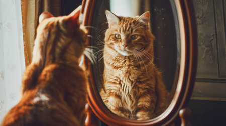 A cat looking at itself in a mirror with its tail wagging, AIの素材