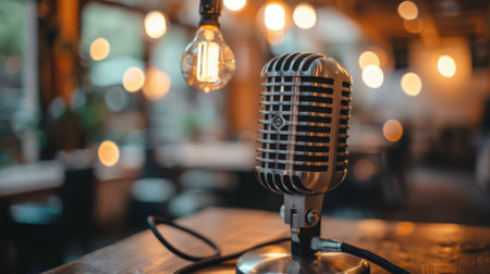 A microphone sitting on top of a wooden table with light bulb, AIの素材