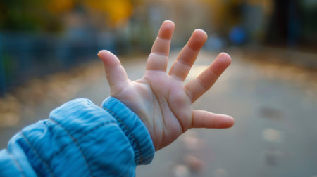 A childs hand reaching out to a person on the street, AIの素材
