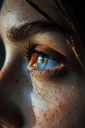 A close up of a womans eye with freckles and blue eyes, AIの素材