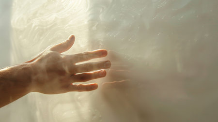 A hand reaching out to touch a wall covered in white paint, AIの素材