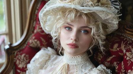 A doll with a large hat and lace dress sitting on the couch, AIの素材
