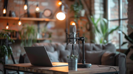 A laptop sitting on a table with microphone and lamp, AIの素材