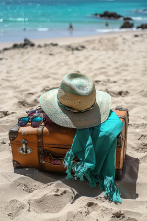 A hat, sunglasses and a suitcase on the beach, AIの素材