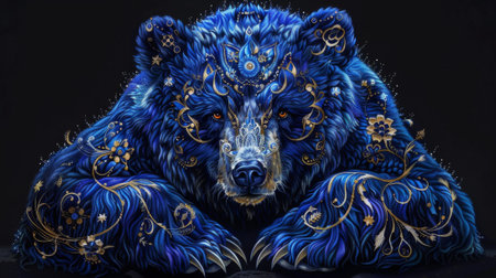 A large blue bear with gold and silver decorations on it, AIの素材