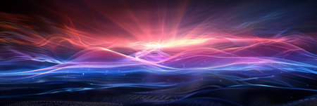 A digital painting of a sunset with waves and mountains, AIの素材