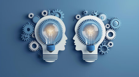 Two people with light bulbs in their heads and gears around them, AIの素材