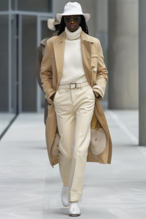 A man in a white hat and coat walking down the runway, AIの素材