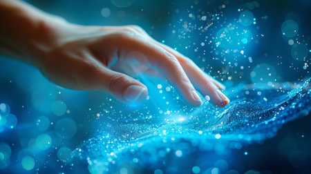 A hand is touching a glowing blue substance with bubbles, AIの素材