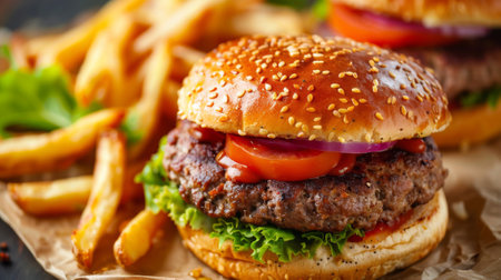 A close up of a hamburger with tomatoes and onions on it, AIの素材