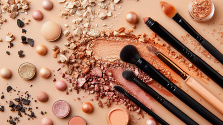 A bunch of makeup brushes and some powder on a table, AIの素材