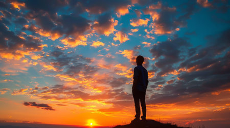 A man standing on a hill looking at the sunset, AIの素材
