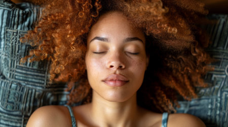 A woman with curly hair sleeping on a bed, AIの素材
