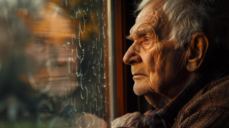 An old man looking out the window at a rainy day, AIの素材