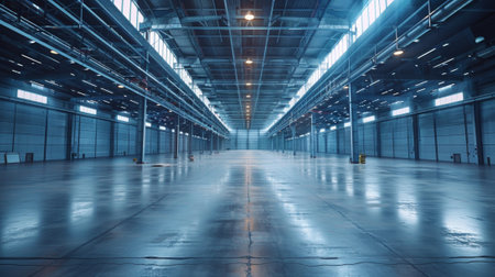 A large warehouse with a lot of lights and windows, AIの素材