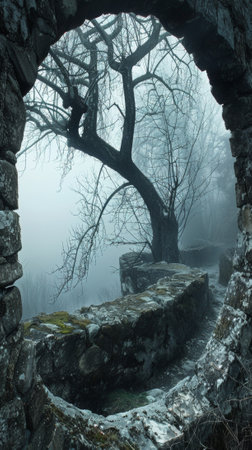 A tree is seen through a stone archway in the fog, AIの素材