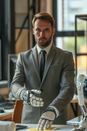 A man in a suit and tie with robotic hands on the table, AIの素材