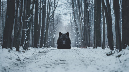 A black wolf in the middle of a snowy forest, AIの素材
