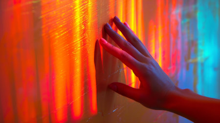 A hand touching a wall with colorful lights shining on it, AIの素材
