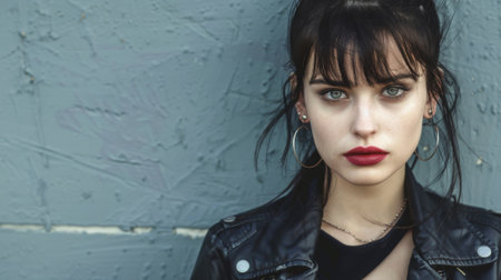 A woman with a black jacket and red lipstick posing against the wall, AIの素材