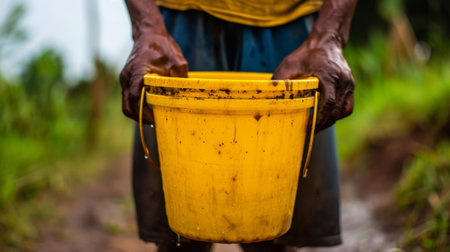 A man holding a yellow bucket in his hands on the side of dirt road, AIの素材