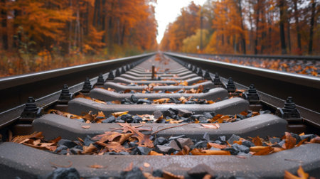 A train track with leaves on it and trees in the background, AIの素材