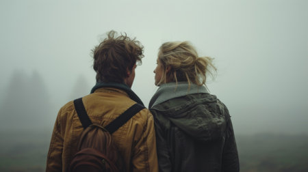 A couple of a man and woman standing in the fog, AIの素材