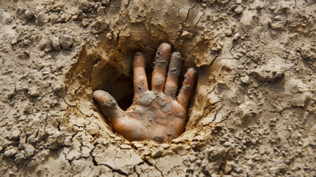 A hand sticking out of a hole in the ground, AIの素材